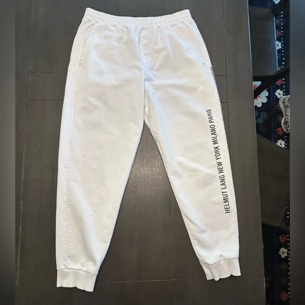 Men’s Helmut Lang MILANO PARIS NEW YORK white heavyweight luxe logo joggers LG